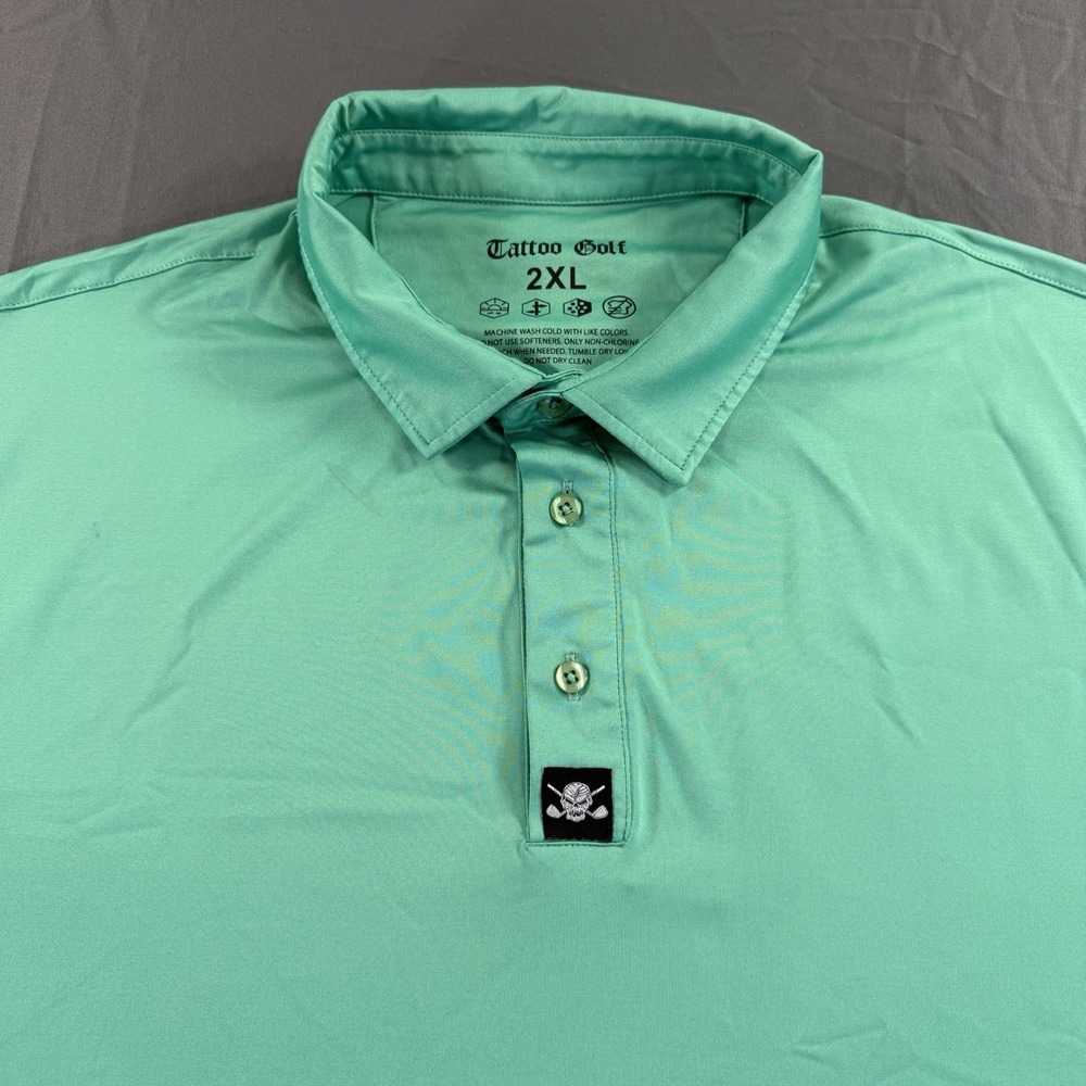 Tattoo Golf Polo Green Mens 2XL Skull Logo Performance Golf Shirt Stretch Active